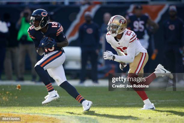 Kendall Wright of the Chicago Bears carries the football ahead of Ahkello Witherspoon of the San Francisco 49ers in the third quarter at Soldier...