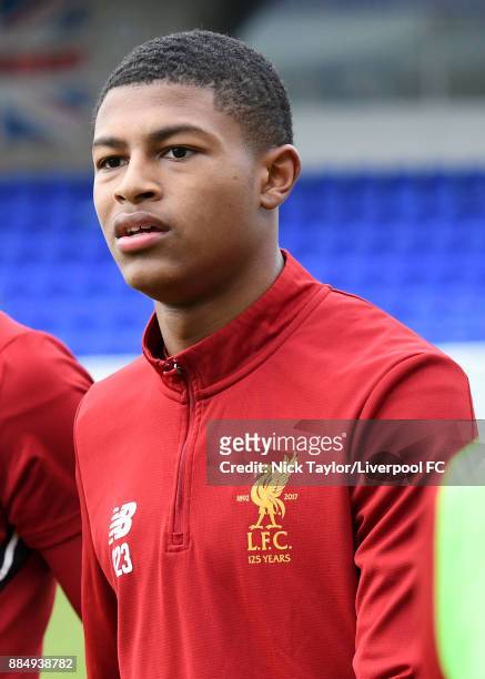 Rhian Brewster of Liverpool during the warm-up before the Liverpool v Stoke City Premier League Cup game at The Swansway Chester Stadium on December...