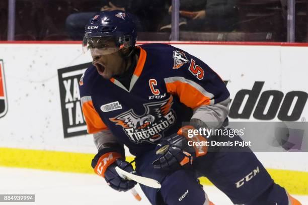 Defenseman Jalen Smereck of the Flint Firebirds celebrates his game winning overtime goal against the Windsor Spitfires on December 3, 2017 at the...