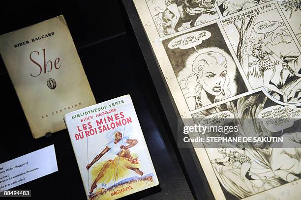 Photo taken on June 15, 2009 shows books presented during the exhibition "Tarzan" at the Quai Branly museum in Paris, held from June 16 to September...