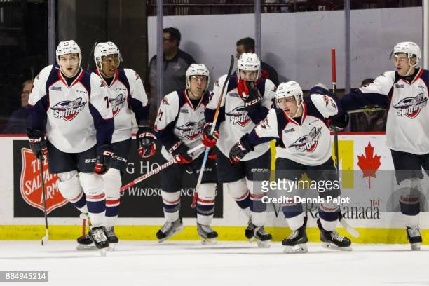 Forward Jake Smith of the Windsor Spitfires celebrates his game tying goal at 19:14 of the third period against the Flint Firebirds on December 3,...