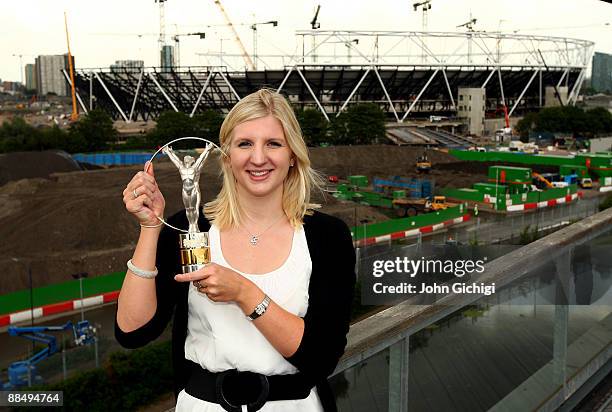 British Olympic medallist Rebecca Adlington poses at the London 2012 Olympic site after winning the Laureus World Breakthrough of the year award at...