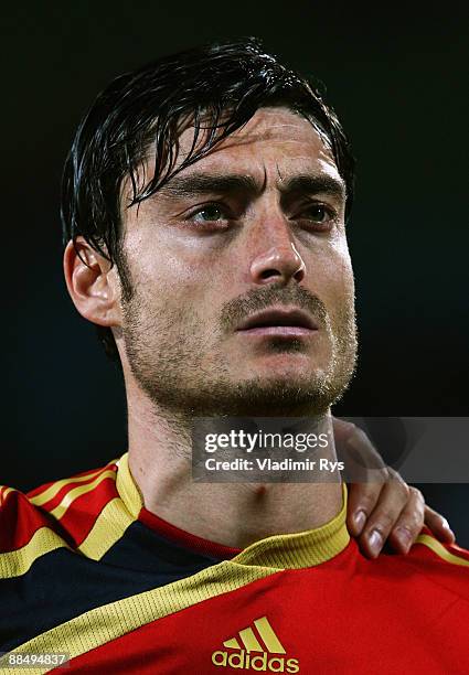 Albert Riera of Spain stands for the national anthem prior to the FIFA Confederations Cup match between New Zealand and Spain at Royal Bafokeng...