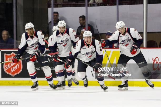 Forward Jake Smith of the Windsor Spitfires celebrates his game tying goal at 19:14 of the third period against the Flint Firebirds on December 3,...