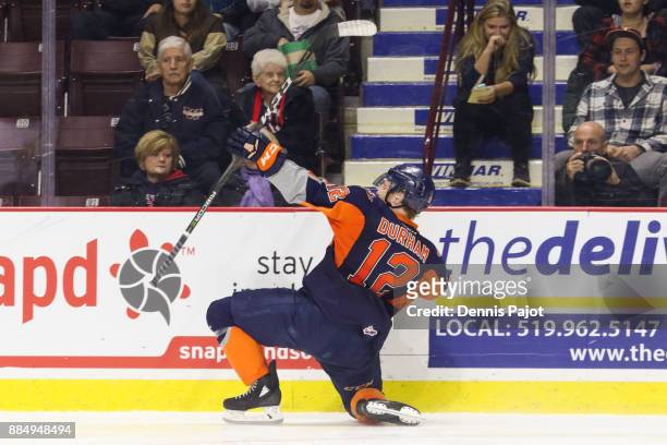 Forward Jake Durham of the Flint Firebirds celebrates his third period goal against the Windsor Spitfires on December 3, 2017 at the WFCU Centre in...