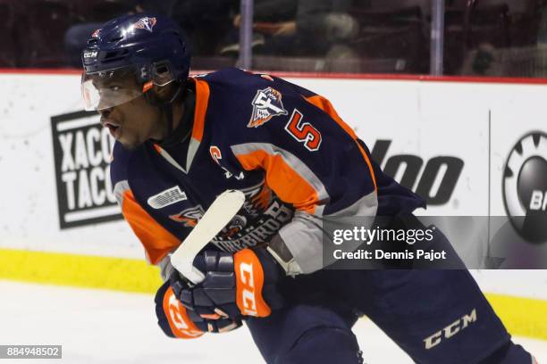 Defenceman Jalen Smereck of the Flint Firebirds celebrates his game winning overtime goal against the Windsor Spitfires on December 3, 2017 at the...