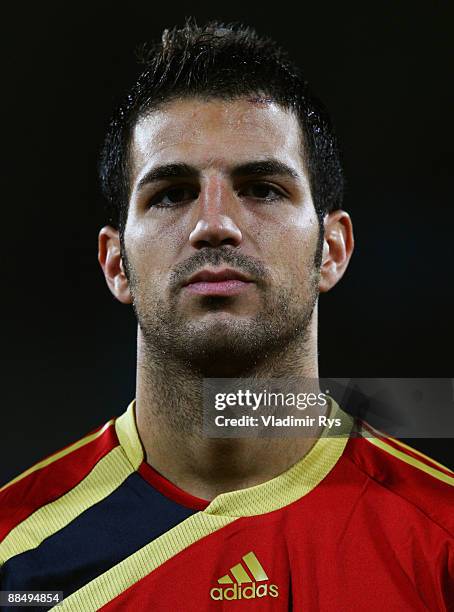 Cesc Fabregas of Spain stands for the national anthem prior to the FIFA Confederations Cup match between New Zealand and Spain at Royal Bafokeng...