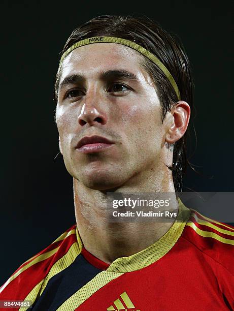 Sergio Ramos of Spain stands for the national anthem prior to the FIFA Confederations Cup match between New Zealand and Spain at Royal Bafokeng...