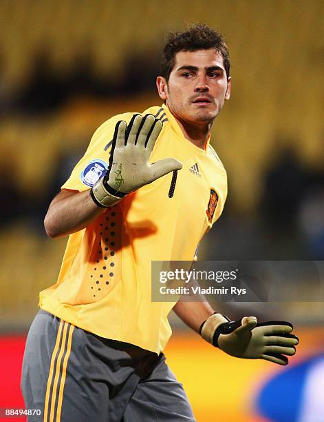 Iker Casillas of Spain reacts during the FIFA Confederations Cup match between New Zealand and Spain at Royal Bafokeng Stadium on June 14, 2009 in...