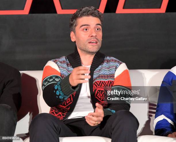 Actor Oscar Isaac attends the press conference for the highly anticipated Star Wars: The Last Jedi at InterContinental Los Angeles on December 3,...