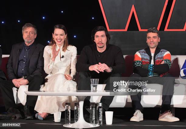 Actors Mark Hamill, Daisy Ridley, Adam Driver and Oscar Isaac attend the press conference for the highly anticipated Star Wars: The Last Jedi at...