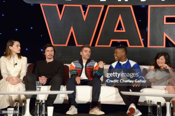 Actors Daisy Ridley, Adam Driver, Oscar Isaac, John Boyega and Kelly Marie Tran attend the press conference for the highly anticipated Star Wars: The...