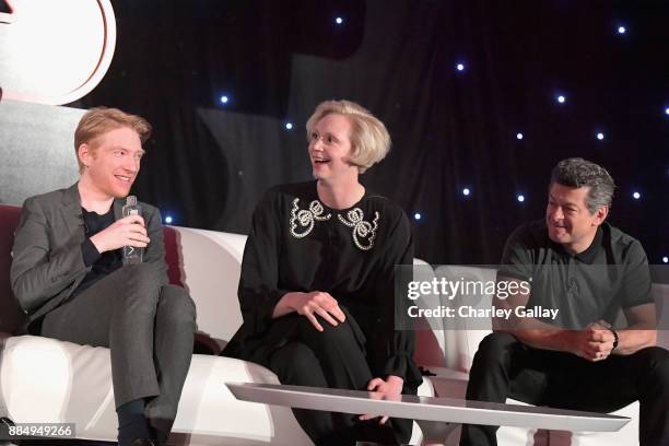 Actors Domhnall Gleeson, Gwendoline Christie and Andy Serkis attend the press conference for the highly anticipated Star Wars: The Last Jedi at...