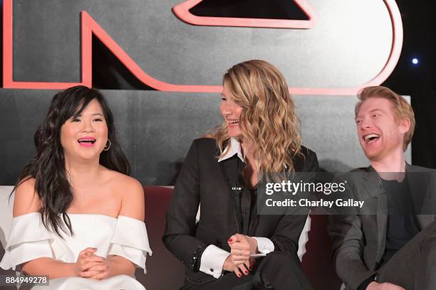 Actors Kelly Marie Tran, Laura Dern and Domhnall Gleeson attend the press conference for the highly anticipated Star Wars: The Last Jedi at...