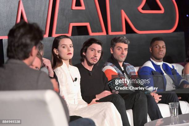 Actors Daisy Ridley, Adam Driver, Oscar Isaac and John Boyega attend the press conference for the highly anticipated Star Wars: The Last Jedi at...