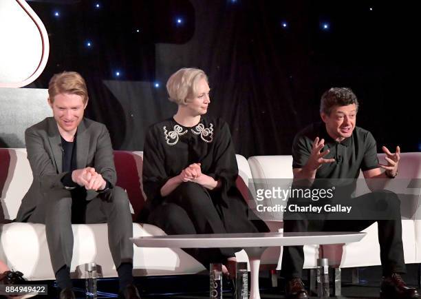 Actors Domhnall Gleeson, Gwendoline Christie and Andy Serkis attend the press conference for the highly anticipated Star Wars: The Last Jedi at...