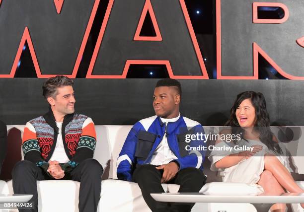 Actors Oscar Isaac, John Boyega and Kelly Marie Tran attend the press conference for the highly anticipated Star Wars: The Last Jedi at...