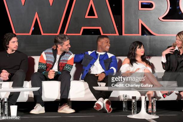 Actors Adam Driver, Oscar Isaac, John Boyega, Kelly Marie Tran and Laura Dern attend the press conference for the highly anticipated Star Wars: The...
