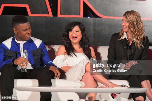 Actors John Boyega, Kelly Marie Tran and Laura Dern attend the press conference for the highly anticipated Star Wars: The Last Jedi at...