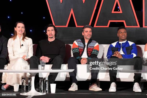 Actors Daisy Ridley, Adam Driver, Oscar Isaac and John Boyega attend the press conference for the highly anticipated Star Wars: The Last Jedi at...