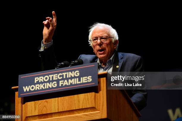 Senator Bernie Sanders speaks on stage during the Protecting Working Families Rally to stand up against the horrific GOP tax proposal, hosted by Not...