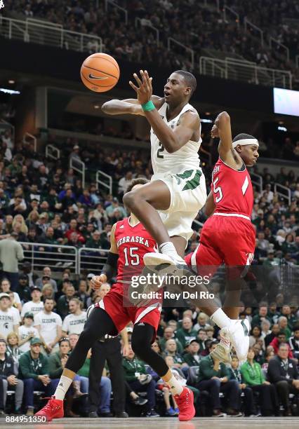 Jaren Jackson Jr. #2 of the Michigan State Spartans drives to the basket draws a foul against Glynn Watson Jr. #5 of the Nebraska Cornhuskers at...