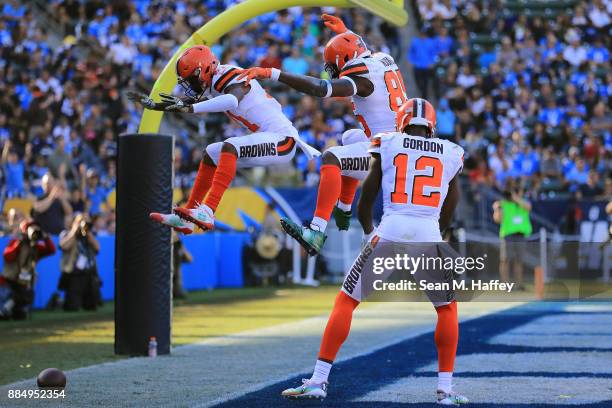 Rashard Higgins, David Njoku, and Josh Gordon of the Cleveland Browns celebrate after Njoku scored a touchdown during the second quarter of the game...