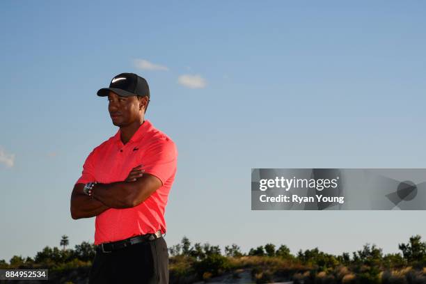 Tiger Woods watches the trophy presentation during the final round of the Hero World Challenge at Albany course on December 3, 2017 in Nassau,...