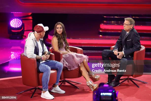 Sarah Engels, Pietro Lombardi and Guenther Jauch are seen on stage at '2017! Menschen, Bilder, Emotionen' TV Show on December 3, 2017 in Huerth,...