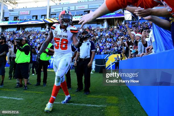 Christian Kirksey of the Cleveland Browns celebrates an incomplete pass in the endzone during the second quarter of the game against the Los Angeles...