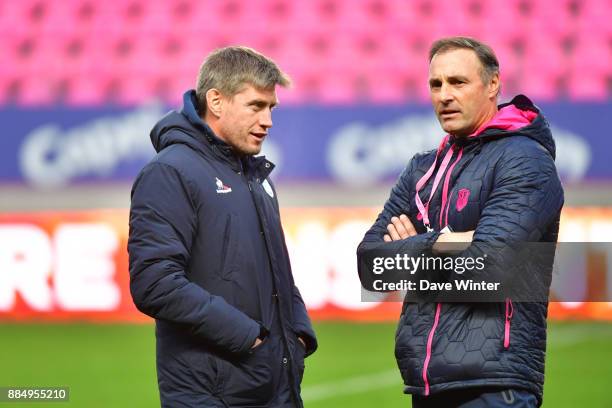 Stade Francais Paris sporting manager Greg Cooper and Racing 92 skills and kicking coach Ronan OGara before the Top 14 match between Stade Francais...