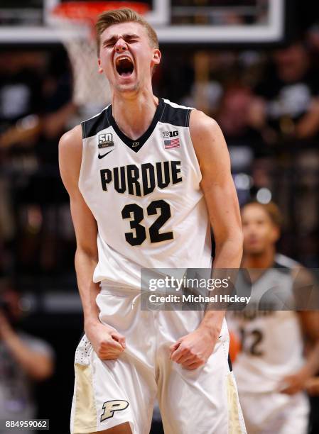 Matt Haarms of the Purdue Boilermakers celebrates after the game against the Northwestern Wildcats at Mackey Arena on December 3, 2017 in West...