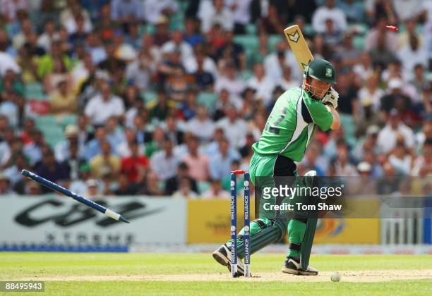 Andrew White of Ireland is bowled by Umar Gul of Pakistan during the ICC World Twenty20 Super Eights match between Ireland and Pakistan at the Brit...