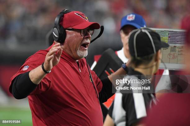 Head coach Bruce Arians of the Arizona Cardinals watches the action during the second half of the NFL game against the Los Angeles Rams at the...