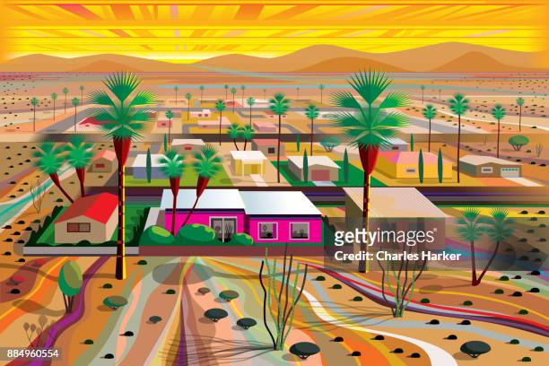 desert town in the mojave illustration in vivid color - charles harker ストックフォトと画像