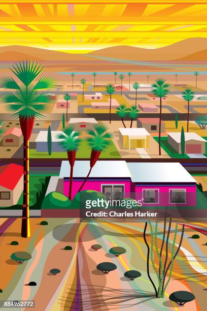 desert town in the mojave illustration in vivid color - charles harker ストックフォトと画像