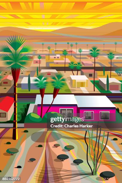 desert town in the mojave illustration in vivid color - coachella sunset stock pictures, royalty-free photos & images