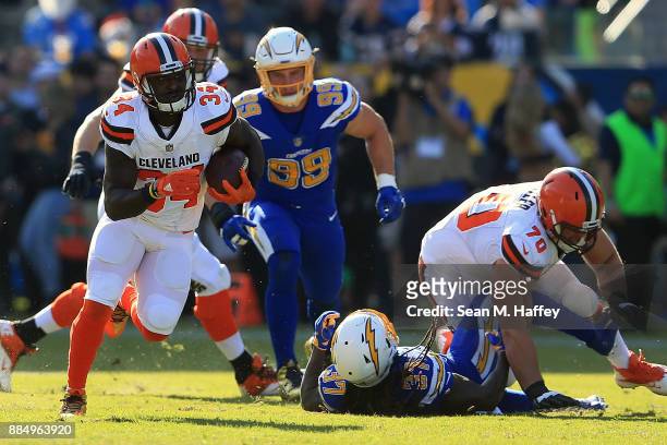 Isaiah Crowell of the Cleveland Browns runs the ball down field during the game against the Los Angeles Chargers at StubHub Center on December 3,...