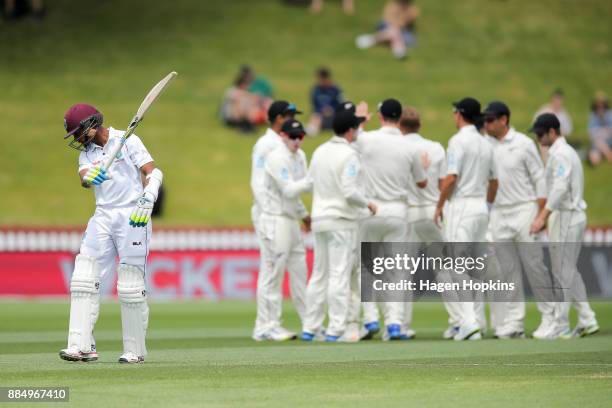 Shane Dowrich of the West Indies leaves the field after being dismissed during day four of the Test match series between New Zealand Blackcaps and...
