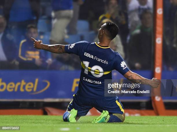 Edwin Cardona of Boca Juniors celebrates after scoring the second goal of his team during a match between Boca Juniors and Arsenal as part of the...