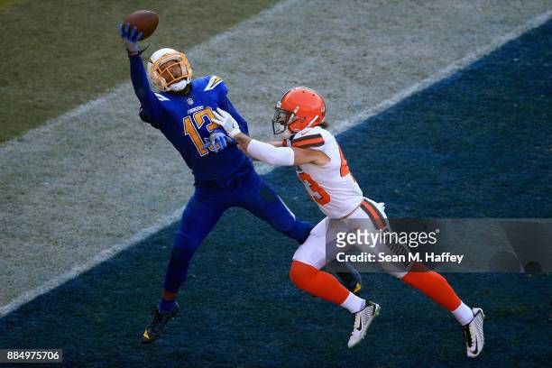 Kai Nacua of the Cleveland Browns breaks up a pass intended for Keenan Allen of the Los Angeles Chargers during the second half of a game at StubHub...