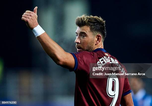 Sergi Enrich of SD Eibar reacts during the La Liga match between SD Eibar and RCD Espanyol at Ipurua Municipal Stadium on December 3, 2017 in Eibar,...