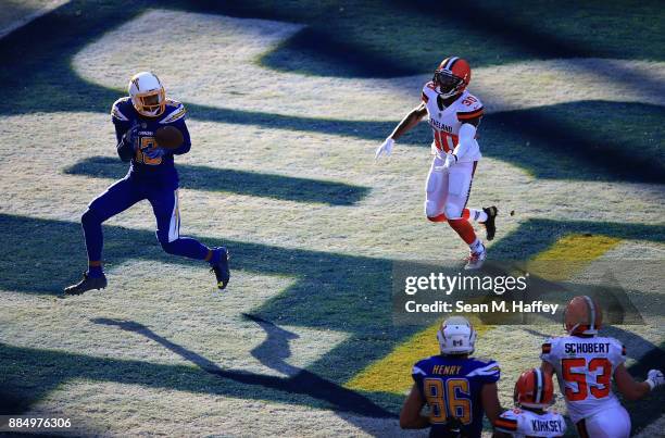 Keenan Allen of the Los Angeles Chargers makes a touchdown reception past Jason McCourty of the Cleveland Browns during the second half of a game at...