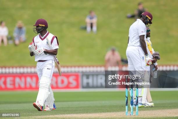 Kemar Roach of the West Indies leaves the field after being dismissed during day four of the Test match series between New Zealand Blackcaps and the...