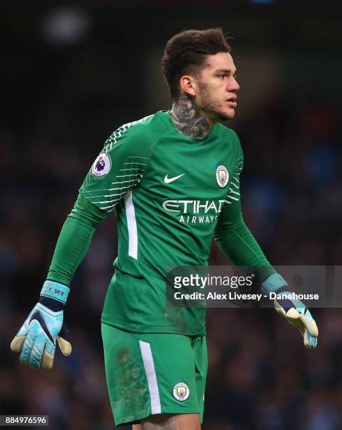 Ederson Moraes of Manchester City looks on during the Premier League match between Manchester City and West Ham United at Etihad Stadium on December...