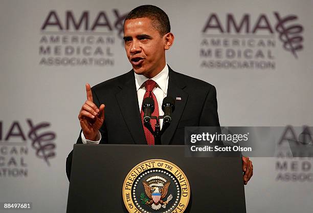 President Barack Obama addresses the annual meeting of the American Medical Association June 15, 2009 in Chicago, Illinois. Obama used the meeting to...