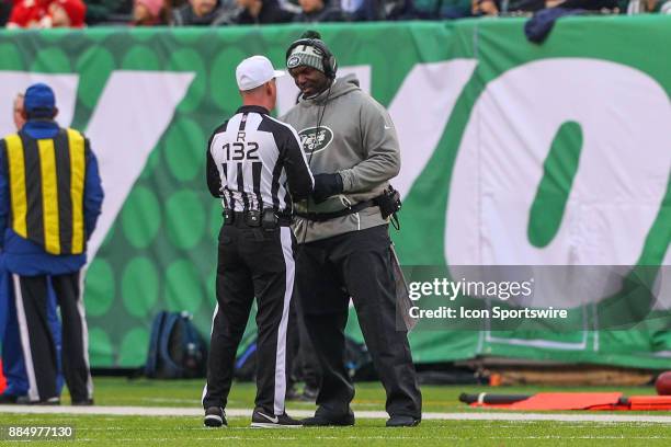 New York Jets head coach Todd Bowles talks with referee John Parry during the National Football League game between the New York Jets and the Kansas...