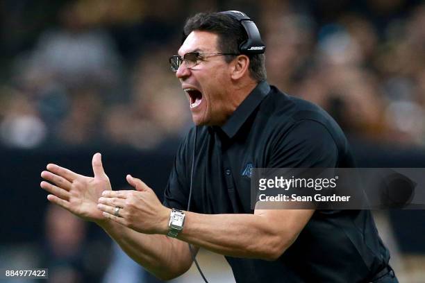 Head coach Ron Rivera of the Carolina Panthers calls for a time out during the second half of a NFL game against the New Orleans Saints at the...