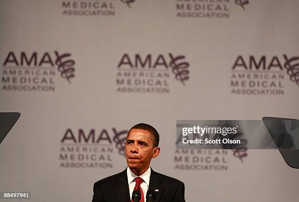 President Barack Obama addresses the annual meeting of the American Medical Association June 15, 2009 in Chicago, Illinois. Obama used the meeting to...