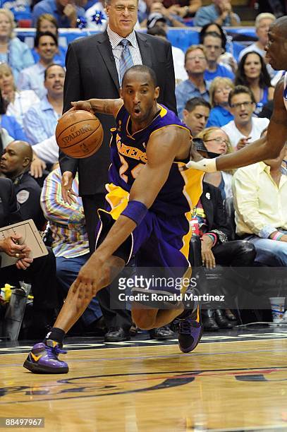 Kobe Bryant of the Los Angeles Lakers makes a move against Mickael Pietrus of the Orlando Magic in Game Three of the 2009 NBA Finals at Amway Arena...